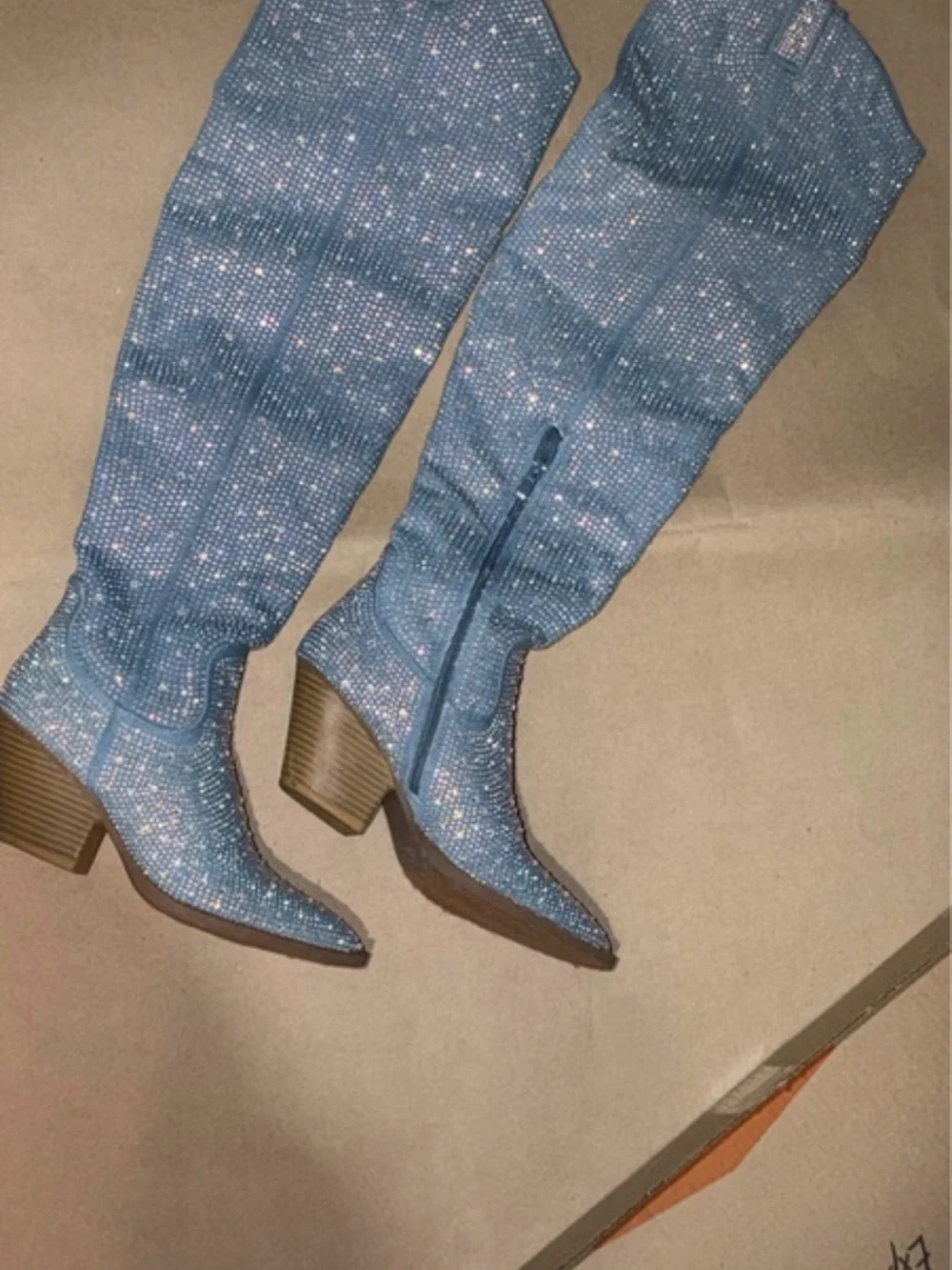 Blue Embellished Knee-High Western Boots